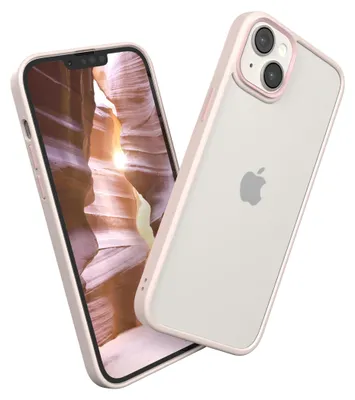 A pink iPhone 14 Plus case is shown with the phone inside, displaying a canyon landscape on its screen.