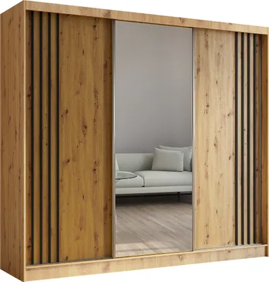 Produktbild von Masseno Schiebetürenschrank NELVIA 240 cm Kleiderschrank Schlafzimmer Schrank 3-türig mit Spiegel und Lamellen Eiche Artisan