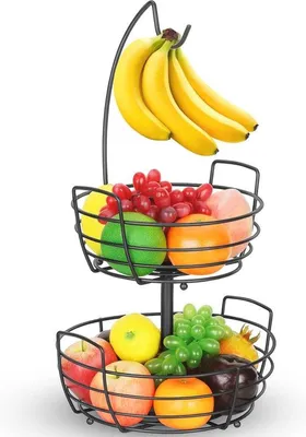 Produktbild von Famanu Obstkorb 2-lagig mit Bananenhalter - Metall Obststand für die Küche