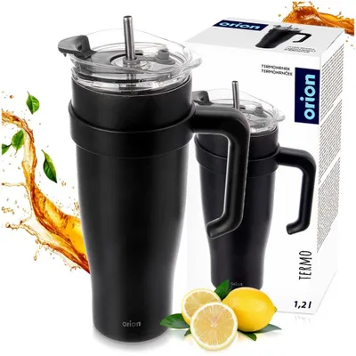 A black thermos with a handle and straw, shown next to its packaging and some lemons and leaves.