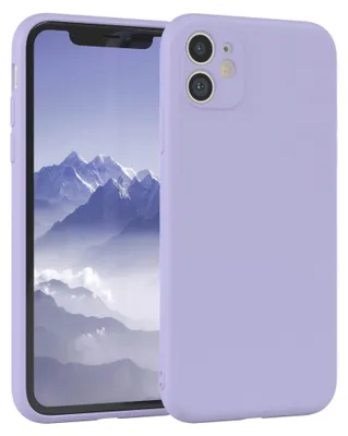 A purple iPhone 11 case is shown in a studio setting with a mountain landscape on the phone screen.