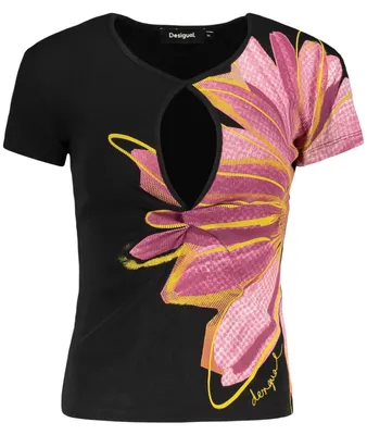Produktbild von Stilvolles Damen Kurzarm-T-Shirt in Schwarz mit V-Ausschnitt & Print