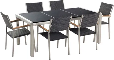 Obrázok produktu pre BELIANI Záhradná jedálenská súprava žulový stôl čierna trojdielna stolová doska 180 x 90 cm 6 čiernych ratanových stoličiek