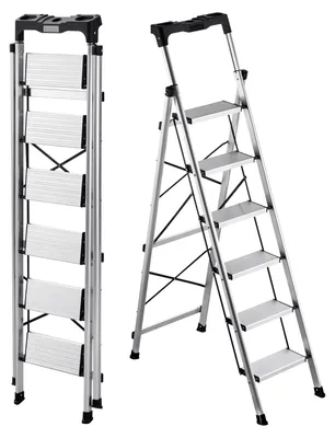 Zdjęcie produktu dla VEVOR Drabina 6-stopniowa, drabina składana z antypoślizgowymi stopniami i wygodnym uchwytem, drabina domowa o nośności 150 kg, aluminiowa drabina bezpieczeństwa do kuchni, magazynu, gospodarstwa domowego i biura, srebrna