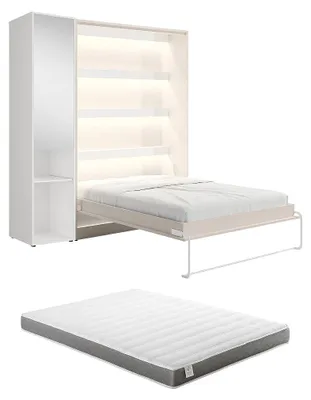 Produktbild von Vertikales Schrankbett 160 x 200 cm - 1 Aufbewahrungssäule - Mit Spiegel und LEDs - Beige + Matratze - RAPILI