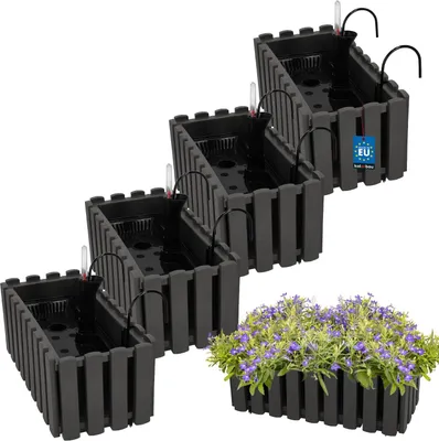 Zdjęcie produktu dla KOTARBAU® 4 szt. Doniczka Skrzynka Balkonowa 38 x 18 x 16 cm na Taras z Hakami System Nawadniania Szara