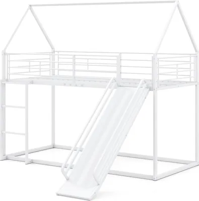 Produktbild von COSTWAY Hochbett 90x200cm mit Rutsche, Leiter & Dach, Kinderbett hausförmig, Stockbett, Etagenbett Metallbett Hausbett mit Rausfallschutz Weiß