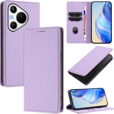 Produktbild von Litchi Leder Handyhülle für Huawei Pura 70 Wallet Kartenfächer Standfunktion Hülle Violett