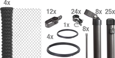 A collection of fence components and accessories.