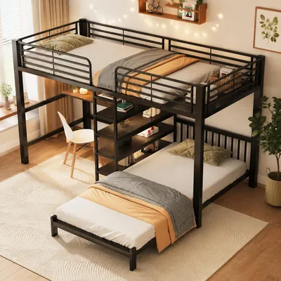 Produktbild von Hochbett 90 x 200 cm , Schwarz , MDF und Metall , integrierter Schreibtisch , praktischer Stauraum