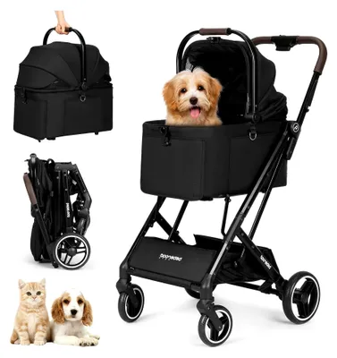 Produktbild von Haustier Kinderwagen für Hunde und Katzen bis 20 kg, mit abnehmbarer und faltbarer Trage, wasserdichter Basis und Sonnendach, Schwarz