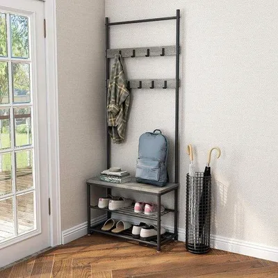 Produktbild von Schuhregal mit Haken, Freistehend, 70x32x175 cm, Holz