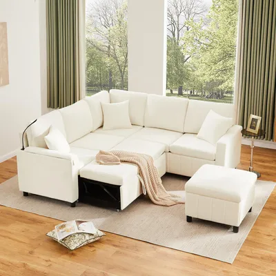 Zdjęcie produktu dla Narożnik modułowy z oświetleniem do czytania i portami USB, rozkładana sofa z możliwością podwyższenia do stolika, stolik kawowy z uchwytami na napoje oraz puf, wymiary 205x205x85 cm, kolor beżowy, materiał: welur