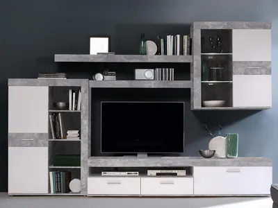 Produktbild von möbelando Wohnwand Mediawand Schrankwand TV-Wand Anbauwand Wohnzimmerwand Aguste I Beton/Weiß
