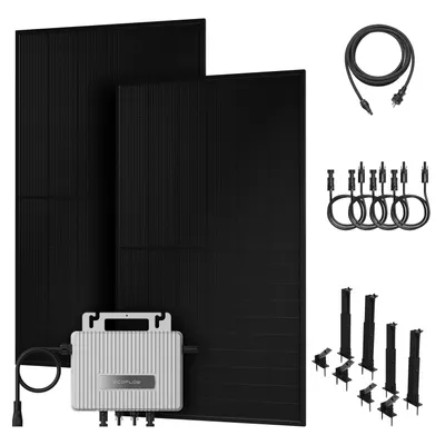 Produktbild von Powerness Balkonkraftwerk, 1000W Bifazial PV Panel und EcoFlow 800W Mikro-Wechselrichter & 4x MC4 Kabel & 2x Fassaden und Flachdach Halterung 0% VAT