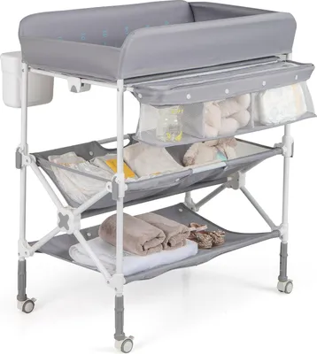 Produktbild von COSTWAY 5 in 1 Wickelkommode, Wickeltisch, Wickelstation mit Seitenkorb, Regalen & Mülleimer, Baby Changing Table mit Rollen für Neugeborene, Grau