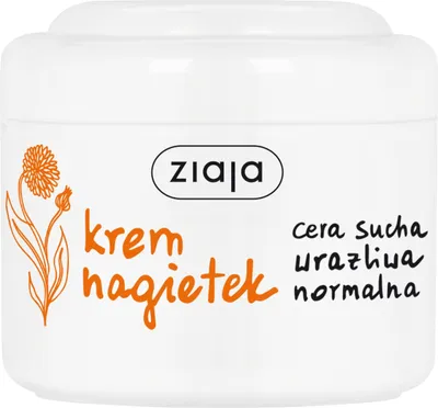 A white jar of Ziaja calendula cream with an illustration of a calendula flower and text in Polish.