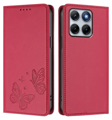 Image de Étui en cuir pour Motorola Edge 70 Fusion, étui de protection type portefeuille en cuir gaufré « papillon » avec support, rouge