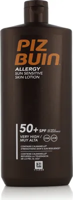 A brown bottle of Piz Buin Allergy Sun Sensitive Skin Lotion SPF 50+ is shown against a white background.