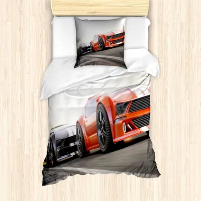 Immagine prodotto di Set copripiumino ABAKUHAUS, auto sportive in gara sull'autostrada One alla ricerca di un'altra vittoria del campione di squadra, 135 x 200 cm + 80 x 80 cm, grigio rosso