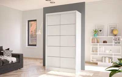 Produktbild von Schwebetürenschrank 2-türig Schrank 100 cm mit Regalen Moderne Kleiderschrank  Garderobe für Kleidung  Modell DENVER IV WEISS