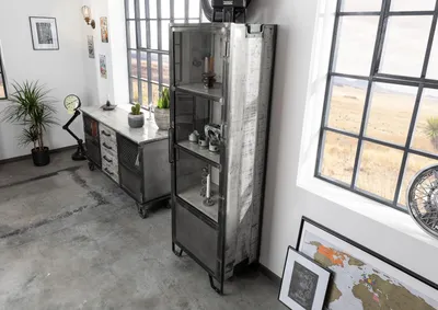 Produktbild von MASSIVMOEBEL24 Vitrine Mango 60x40x180 grau lackiert HEAVY INDUSTRY #140