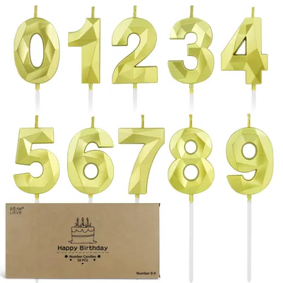 Zahlenkerzen 0-9 Set, 10 Stück, Diamantschliff, Gold, 5 cm