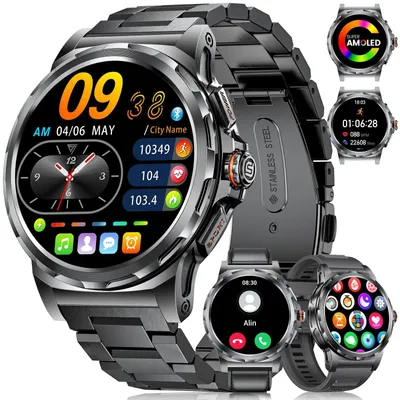 Obrázek produktu pro Chytré hodinky pro muže, vojenský design, AMOLED displej, s funkcí telefonu, více než 100 sportovních režimů, 3 řemínky, měření srdečního tepu, monitorování spánku, vodotěsné (IP68), kompatibilní s Android a iOS, barva: černá
