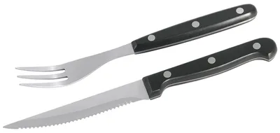 Produktbild von Pizza-/Steakbesteck Set mit je 6 Messern (22 cm) und 6 Gabeln (20 cm) im weißen Karton geschmiedet aus Chrom-Molybdän-Vanadium- Stahl, mit Hakengriff aus Edelstahl 18/10, schwere Qualität