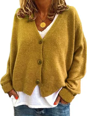 Produktbild von ASKSA Damen Strickpulli Lose Lässige Strickjacken V-Ausschnitt Einfarbig Knopf Strickjacke Pullover, Gelb, S