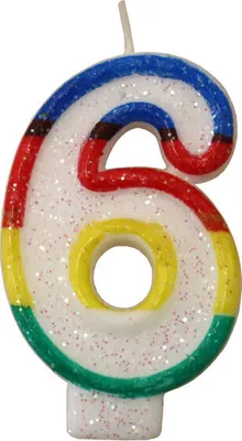 Produktbild von Tortenkerze, Zahlenkerze "6" Bunt glitzernd mit Halter für Geburtstagstorte, Jubiläum, Hochzeit