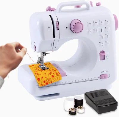 A person's hand is shown threading a small white and pink sewing machine.
