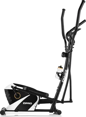 A black and white elliptical cross trainer is shown from a side profile against a white background.