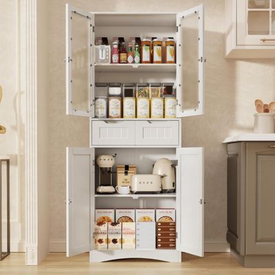 Xbro Küchenschrank, Vorratsschrank Küche mit 2 Schubladen und 2 Türen, Küchenschrank hoch mit Anti-Kipp-Design, Küchenschrank Holz für Esszimmer