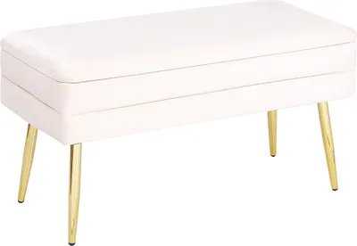 Produktbild von BELIANI Bank Cremeweiß mit Stauraum aus Samtstoff mit Goldenen Metallbeinen in Glamour-Optik Wohnzimmer Schlafzimmer Rechteckig Modern