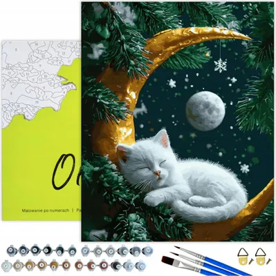 Produktbild von Malen nach Zahlen Erwachsene & Kinder Tiere Katze Mond 50x40 - 34 Acrylfarben, Leinwand mit Holzrahmen, 3 Pinseln, Zubehör, Goldfarbe Oh Art!