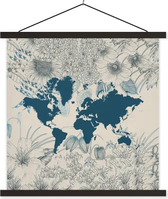 Produktbild von MuchoWow® Textilposter Weltkarte - Blume - Blau 60x60 cm mit schwarzem Rahmen - Posteraufhänger