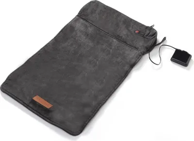 A dark gray heating pad with a small brown tag and a black power adapter connected by a wire.