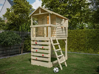 Produktbild von Belladoor Stelzenhaus Luis Braun Grün, Kesseldruckimprägniertes Kiefernholz Stelzenhaus mit Veranda, Sandkasten, Kletterwand, Leiter, Spielhaus für Kinder Garten