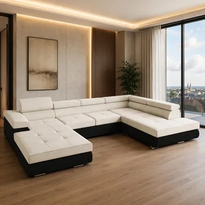 Produktbild von GOLDSTOFF RELAX U Sofa mit Schlaffunktion 345×205 cm | Eckschlafsofa mit bettkasten verstellbare Kopfstützen | Sofabett (Beige + Schwarz)