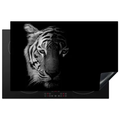 Produktbild von KitchenYeah© Herdabdeckplatte Tiger - Tiere - Wild - Schwarz - Weiß , 81x52cm, Küche Deko, Glaskeramikkochfeld Herdabdeckung, Abdeckplatte fùr Kochfeld