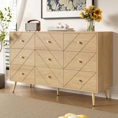 Image de OKWISH Commode Moderne à 9 Tiroirs avec Pieds en Métal - Meuble de Rangement Design pour Chambre et Salon - 120x39x80 cm, Bois Naturel