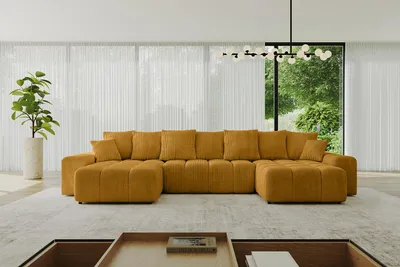 Produktbild von ALTDECOR Ecksofa in U-Form mit Schlaffunktion und Bettkasten ENIL-U 401x189x68 cm Senfgelb - Corner Sofa Bett Eckcouch Couch L-Form Schlafcouch Ausziehbar Wohnlandschaft Schlafsofa Cauchsofa