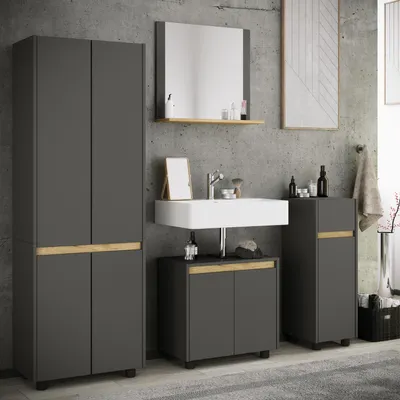 Produktbild von VCM 4-tlg. Badmöbel Set mit Waschbeckenunterschrank, breiter Hochschrank, Midischrank & Spiegel - Cosila  L