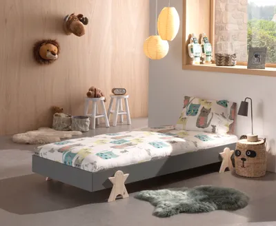 Produktbild von Vipack Modulo Einzelbett/Stapelbett 90 x 200 cm Liegefläche, grau lackiert, Fuß Smileystern-Optik Kiefer natur lackiert
