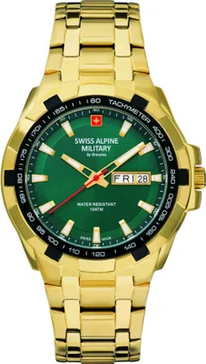 A gold-colored Swiss Alpine Military watch with a green dial, displayed against a white background.