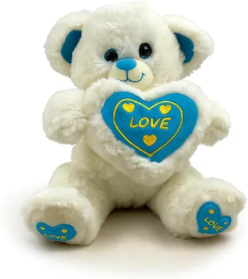 Produktbild von Kuscheltier Teddybär 27 cm weiß mit Herz blau – Weiches Plüschtier, Stofftier mit Schriftzug „Liebe“