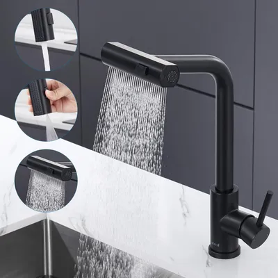 A black kitchen faucet with a waterfall spout is shown in use, with close-up insets demonstrating its features.