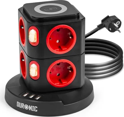 Produktbild von Duronic ET8W Mehrfachsteckdose | Steckdosenwürfel mit 3 USB Ports und Wireless Charging | 8-Fach Steckdose 3680W 16A | Steckdosenleiste mit Überspannungsschutz | Steckdosenturm mit 1,8 m Kabel