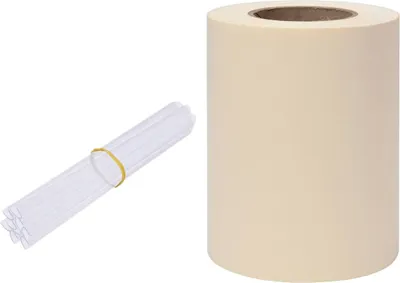 A roll of cream-colored PVC garden screening and a bundle of clear plastic tubes tied with a rubber band, presented on a white background.
